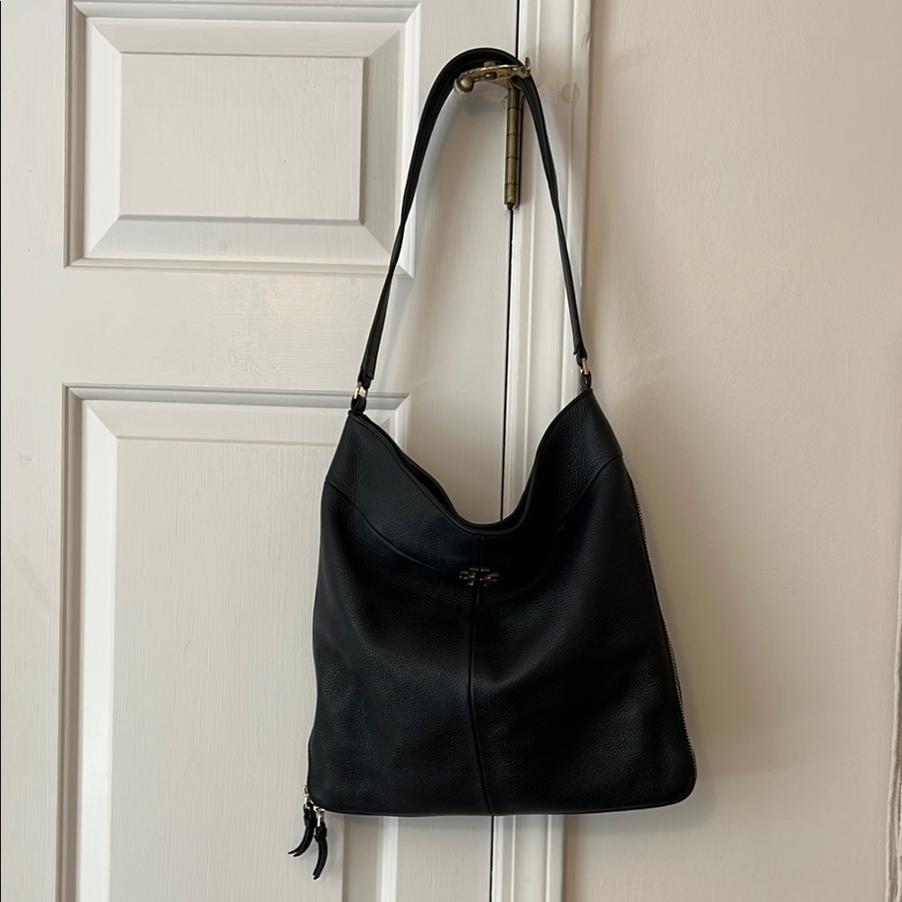 TORY BURCH SIDE ZIP TOTE Black HANDBAG PEBBLED LEATHER